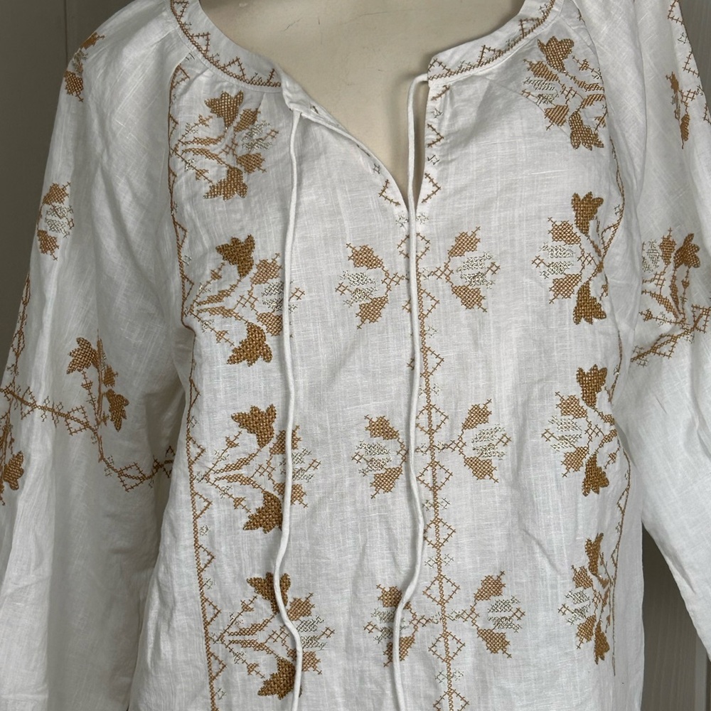 Talbots White Linen Blend Embroidered Tunic Top Boho Peasant Blouse Large - Picture 4 of 10